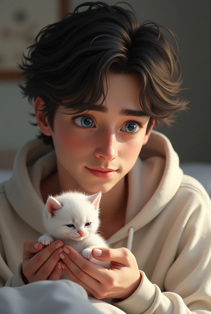 A guy with black hair and blue eyes is playing with a white kitten in the bed, he's 24 