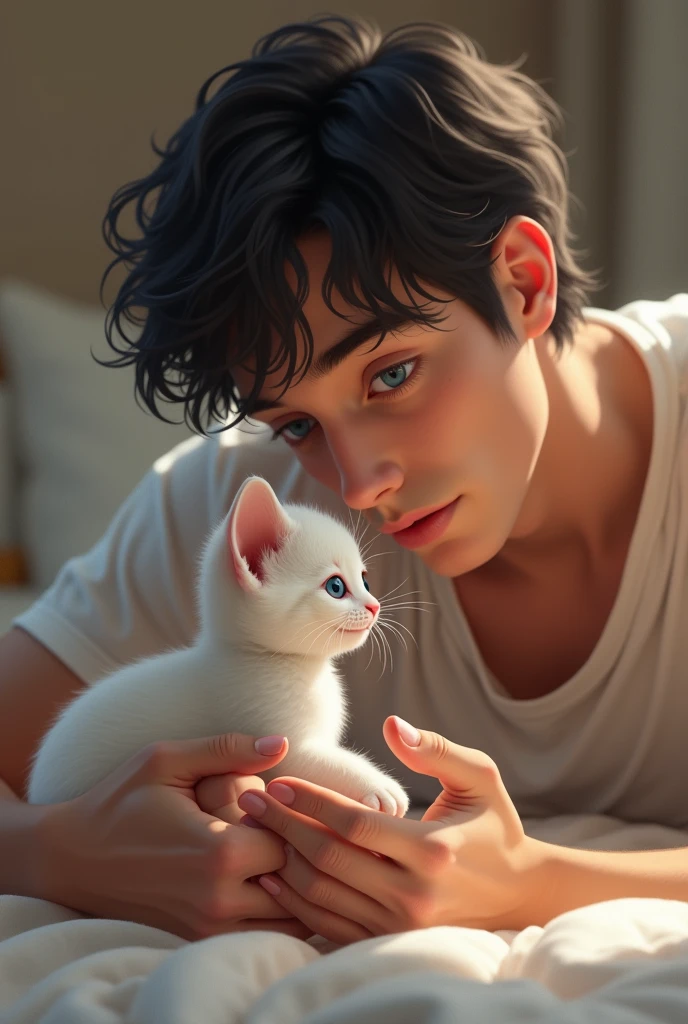 A guy with black hair and blue eyes is playing with a white kitten in the bed, he's 24