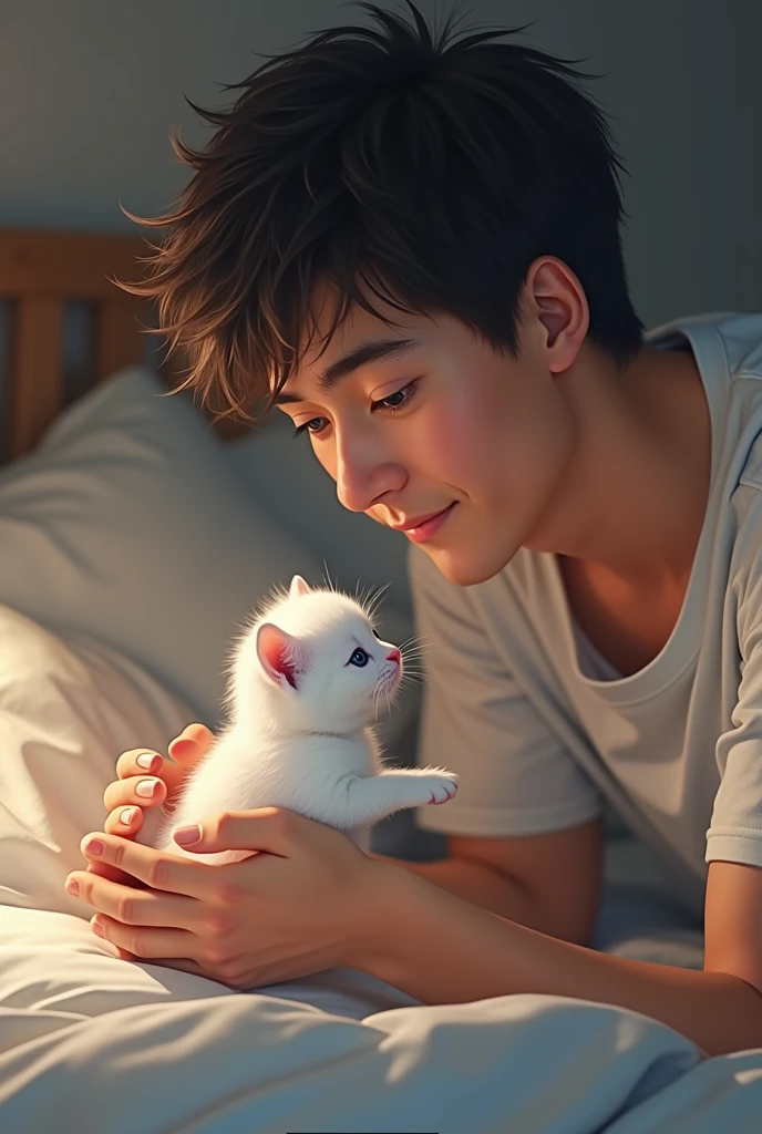 A guy with black hair and blue eyes is playing with a white kitten in the bed, he's 24