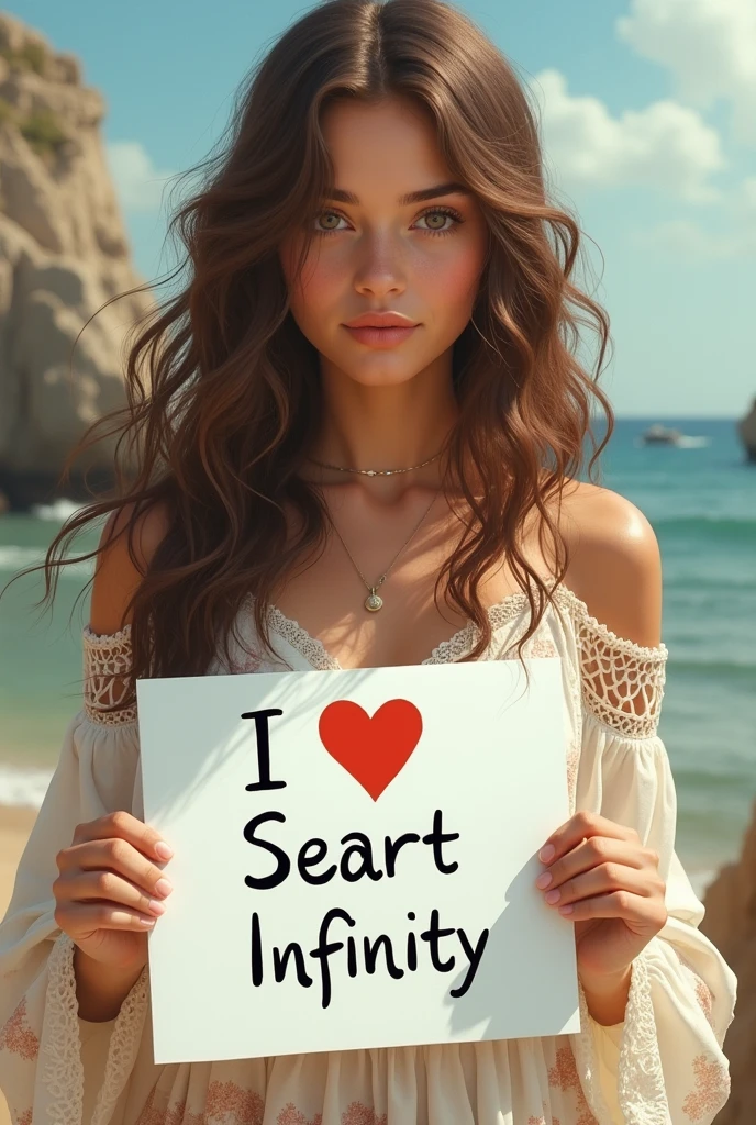 Beautiful girl with wavy long hair, bohemian dress, holding a white board with text "I Love Seaart Infinity" and showing it to the viewer