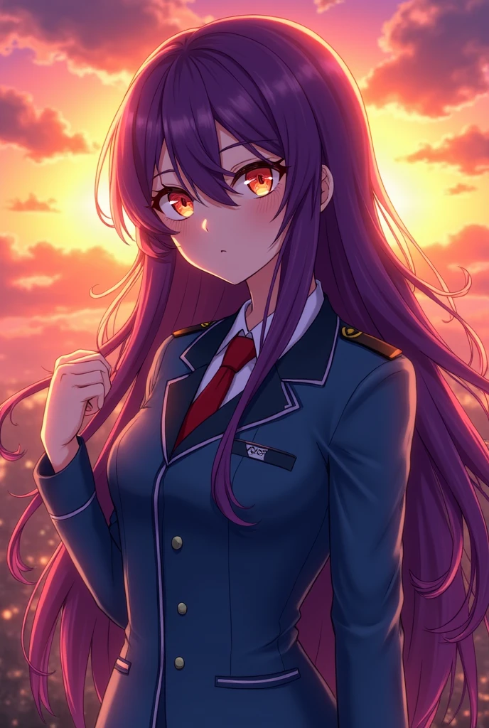 Create an Oshi no Ko character , with dark purple hair, long wavy, sunset colored eyes sunset a combination making🌆🌇 , wearing a blue uniform , and a sunset background