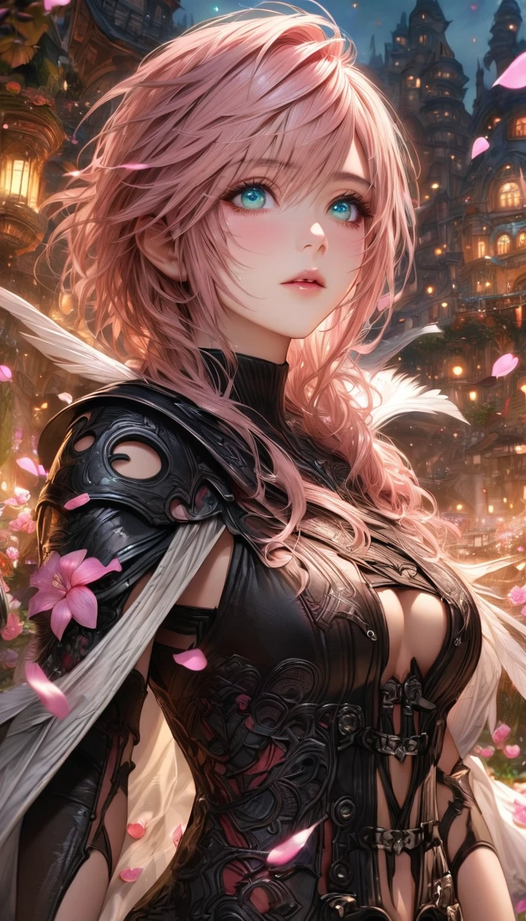 Ultra detailed, highres, absurdres, HDR, master piece, Claire Farron, wavy pink short hair, expressive pale aqua eyes, cropped white cape, black leather clothes, black long gloves, Lightning Farron, Final Fantasy XIII (Lightning returns), pink flowers, petals, fireflies, woman, solo, extremely beautiful, very detailed face and eyes, best quality, fantasy, magical, realistic face, fantasy city, white feathers, feathers