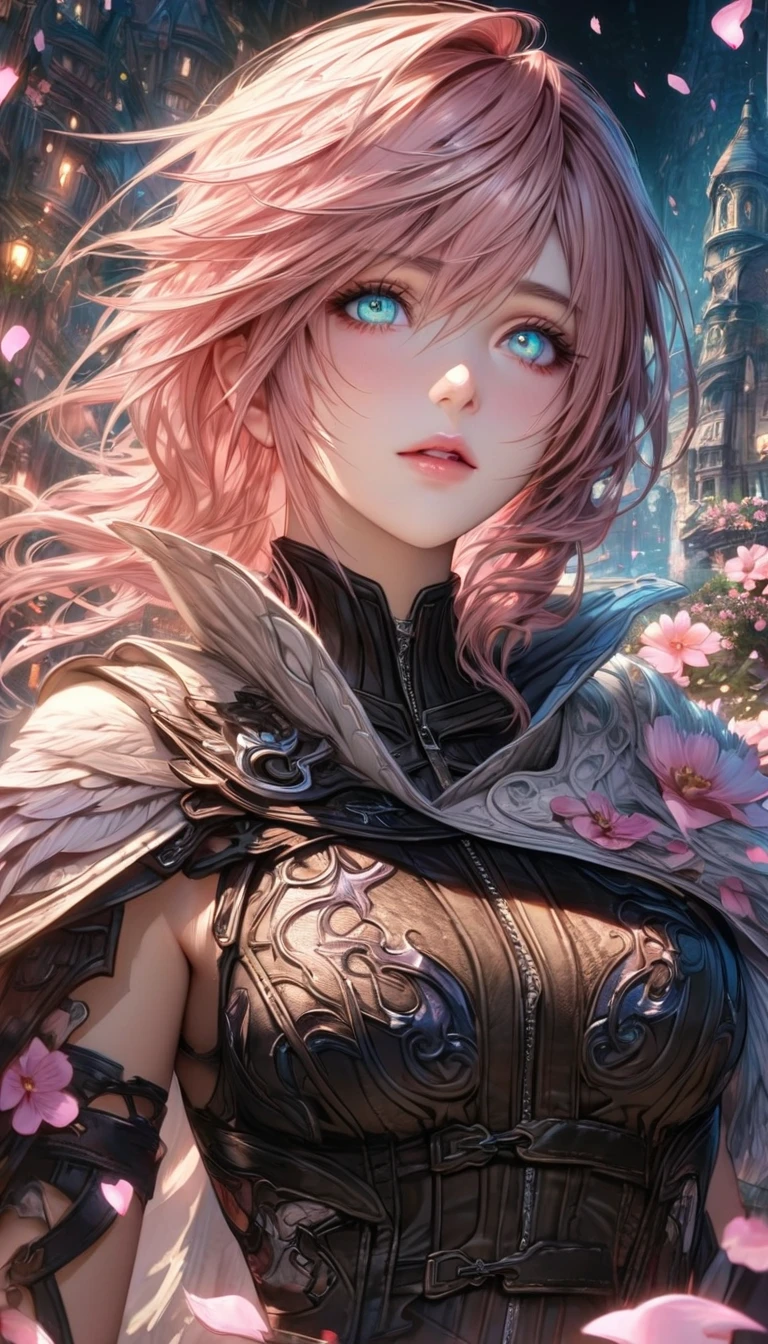 Ultra detailed, highres, absurdres, HDR, master piece, Claire Farron, wavy pink short hair, expressive pale aqua eyes, cropped white cape, black leather clothes, black long gloves, Lightning Farron, Final Fantasy XIII (Lightning returns), pink flowers, petals, fireflies, woman, solo, extremely beautiful, very detailed face and eyes, best quality, fantasy, magical, realistic face, fantasy city, white feathers, feathers