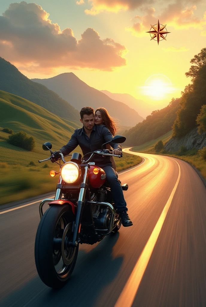 A couple riding a motorcycle, compass rose and a road