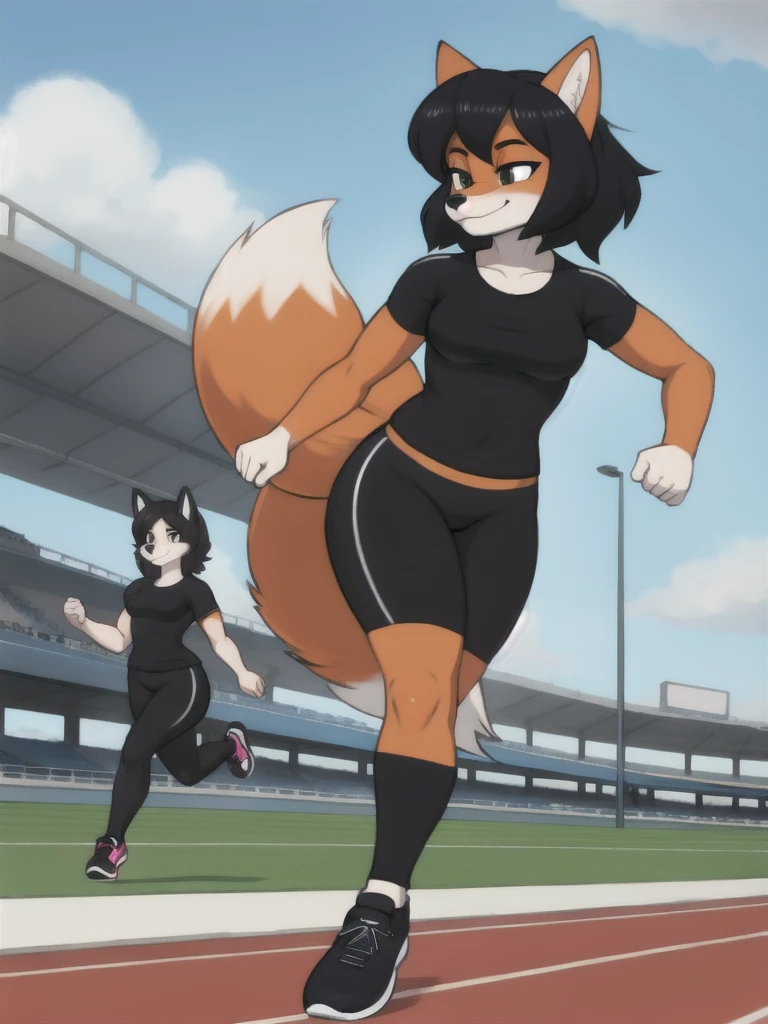 Furry, fox, female, black shirt, black leggings, shoes, running track, friends, full body