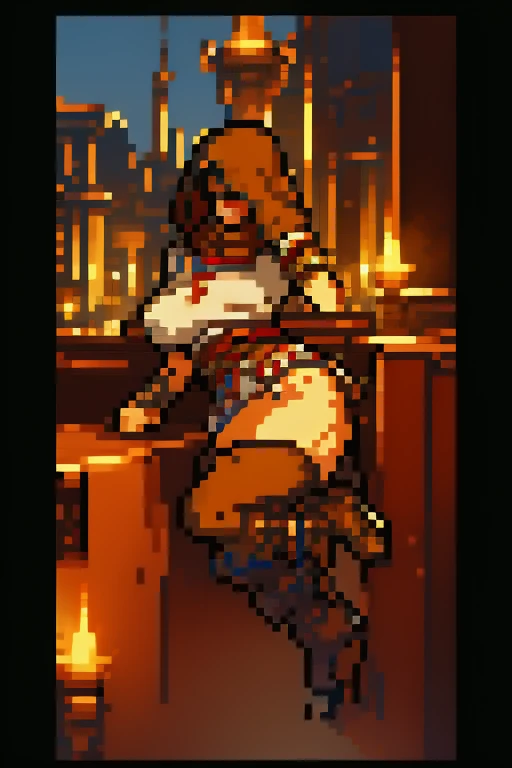 The woman, Altaïr's suit boots to the knee, Bracelets on the legs, socks, stockings, Jerusalem in the background, ((evening, night)), very detailed, Realistic long-term photography., 4k, short hair, brown hair,(((hood, hood)), ((shocks, garagantilla)),bracelet, sexy, dark skin, brown eyes, big breasts, big breasts