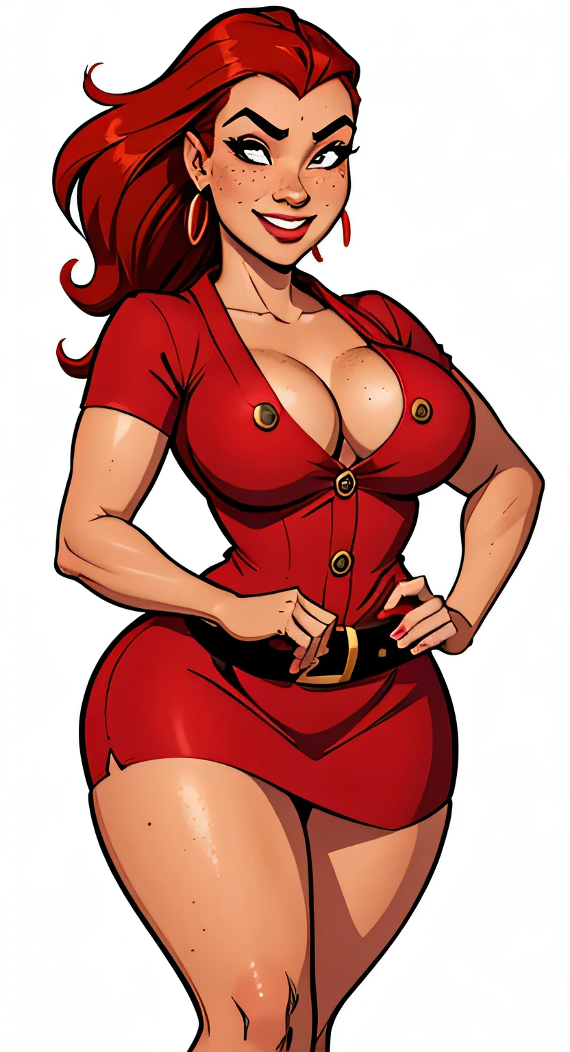 Thin woman, age 25, 4K (High definition), beautiful smiling, seducing gaze, teacher in red dress (of buttons) with V-neck and short sleeves, black belt, pele caucasiana, shoulder length red hair, standing, curvy with freckles and little beads of sweat running down her forehead and chest. marvel style, white background.