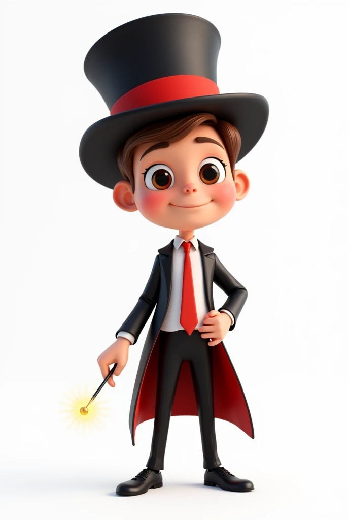 A happy and cute person with short brown hair, wearing a magician's outfit consisting of a white shirt, a red tie, a pair of black pants, shoes black, a black top hat with a red band on his head and a magic wand in his hand, white background, Pixar-style, 3d, Cartoon s, face detailed, asymmetric