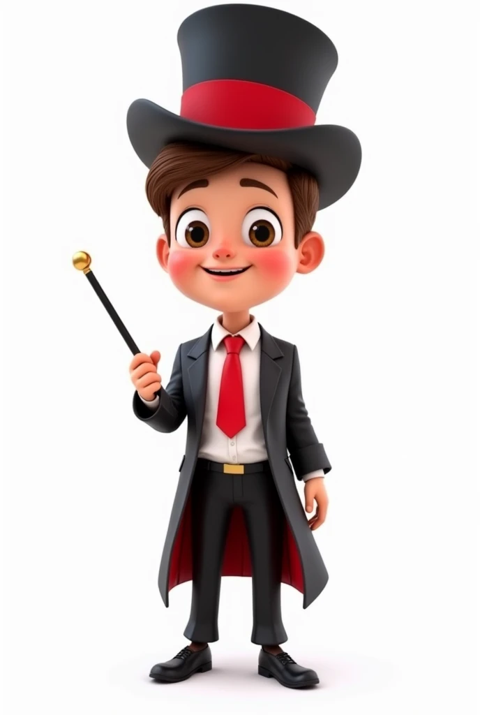 A happy and cute person with short brown hair, wearing a magician's outfit consisting of a white shirt, a red tie, a pair of black pants, shoes black, a black top hat with a red band on his head and a magic wand in his hand, white background, Pixar-style, 3d, Cartoon s, face detailed, asymmetric
