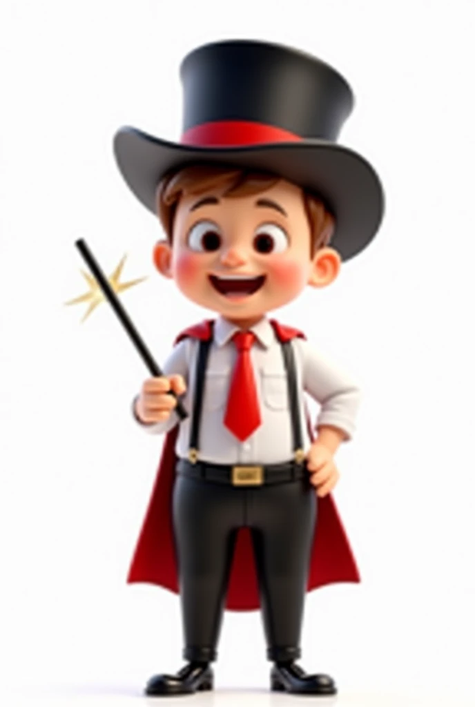 A happy and cute person with short brown hair, wearing a magician's outfit consisting of a white shirt, a red tie, a pair of black pants, shoes black, a black top hat with a red band on his head and a magic wand in his hand, white background, Pixar-style, 3d, Cartoon s, face detailed, asymmetric