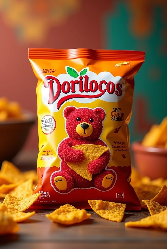 generates an image of a bag of nachos with the name dorilocos and the logo is a red gummy bear hugging a triangular nacho with the phrase picositos pero sabrosos and avoid placing more words than the given