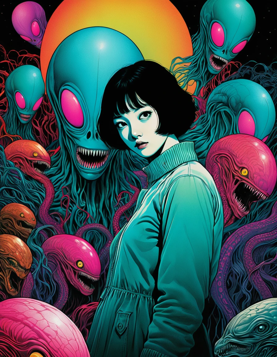 An illustration、art、70s horror movie posters, Supervised by Junji Ito、High detail, Realistic Shadows、Analog Style, chromatic aberration, Surrealism、Complementary Gradient、alien exist