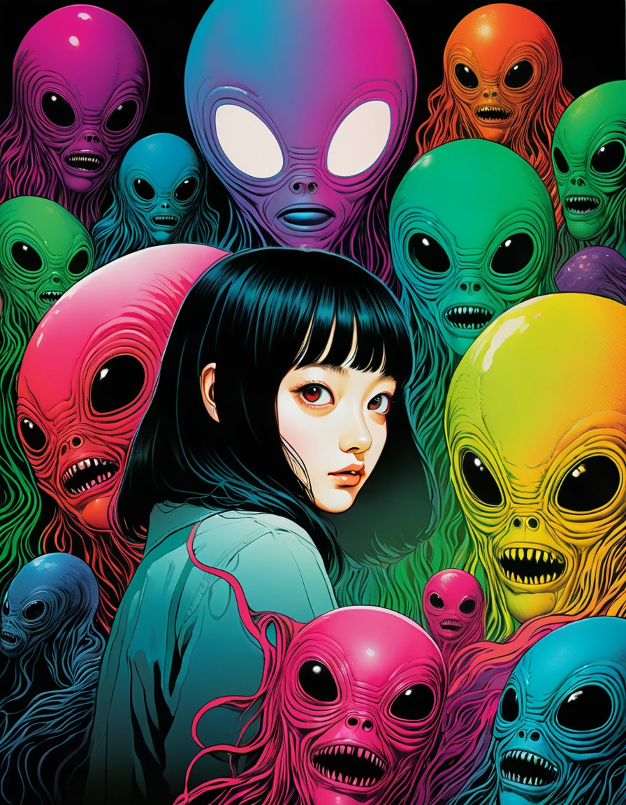 An illustration、art、70s horror movie posters, Supervised by Junji Ito、High detail, Realistic Shadows、Analog Style, chromatic aberration, Surrealism、Complementary Gradient、alien exist
