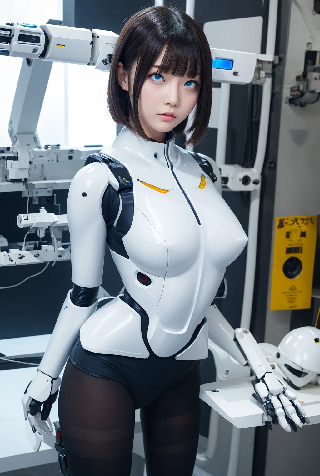 masterpiece, best quality, extremely detailed, Japanese android girl,Plump ,control panels,robot arms,robot,android,cyborg,white robot body,ceramic body,perfect robotgirl,blunt bangs,robot repair plant,chubby,pantyhose,platform sneaker,blue eyes,rolling eyes