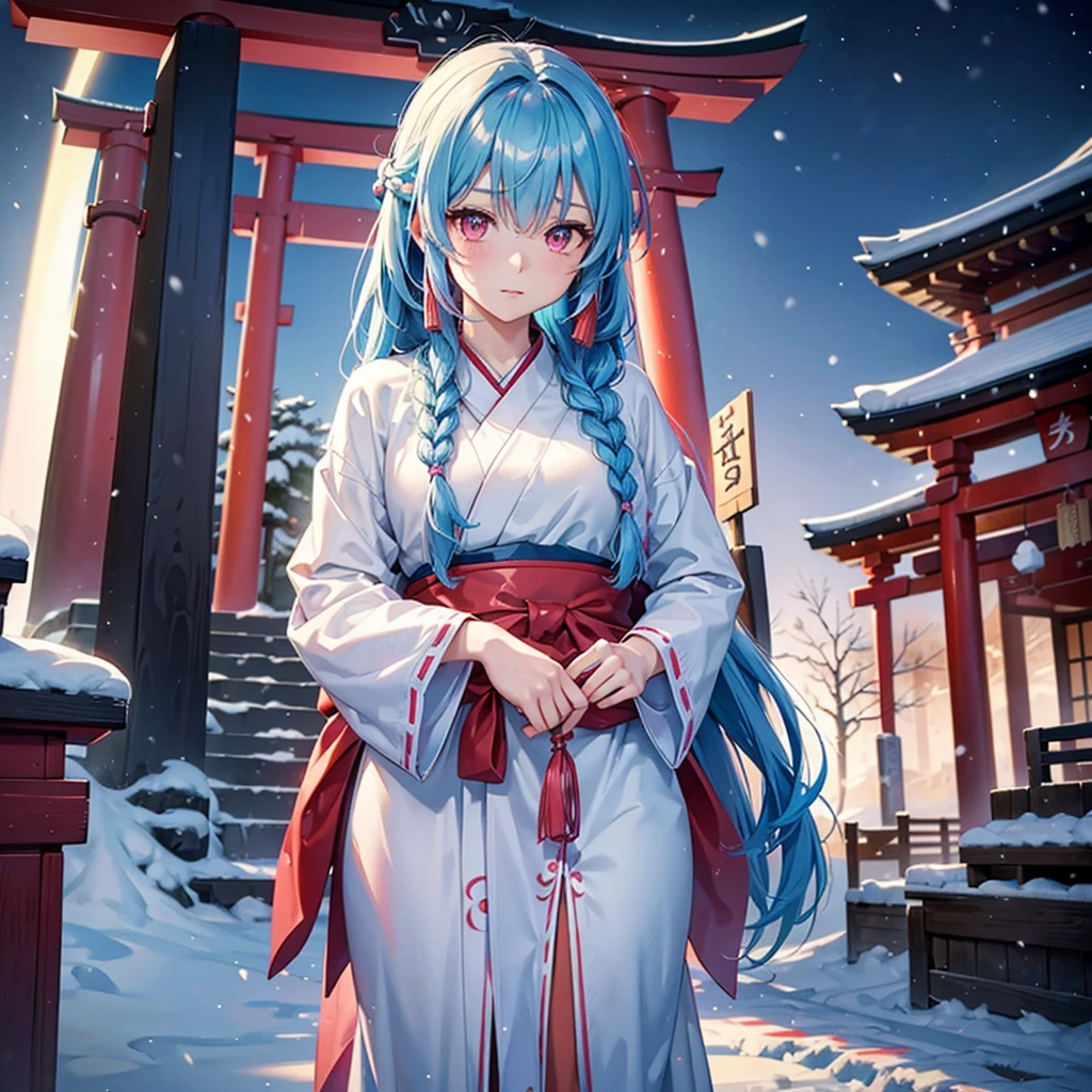 (Tying her sky blue hair into a single braid),(Pink Eyes),Fair skin,whole body,alone,Snowy Night,Drawing a fortune at a temple,torii,Shrine maiden、masterpiece, Highest quality, Very detailed, Best Shadow,Detailed Background,Beautifully detailed face,High Contrast,Best lighting, Very delicate and beautiful,Cinematic Light,Hyper Detail,8k,Dramatic Light,Exquisite detail,