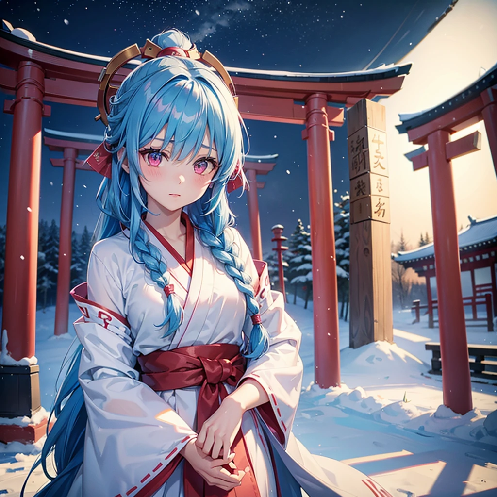 (Tying her sky blue hair into a single braid),(Pink Eyes),Fair skin,whole body,alone,Snowy Night,Drawing a fortune at a temple,torii,Shrine maiden、masterpiece, Highest quality, Very detailed, Best Shadow,Detailed Background,Beautifully detailed face,High Contrast,Best lighting, Very delicate and beautiful,Cinematic Light,Hyper Detail,8k,Dramatic Light,Exquisite detail,