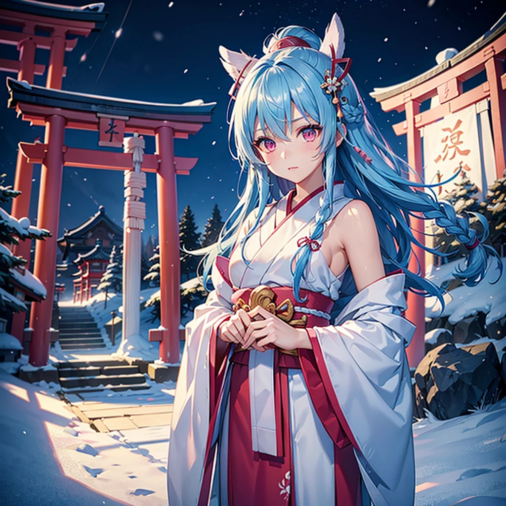 (Tying her sky blue hair into a single braid),(Pink Eyes),Fair skin,whole body,alone,Snowy Night,Drawing a fortune at a temple,torii,Shrine maiden、masterpiece, Highest quality, Very detailed, Best Shadow,Detailed Background,Beautifully detailed face,High Contrast,Best lighting, Very delicate and beautiful,Cinematic Light,Hyper Detail,8k,Dramatic Light,Exquisite detail,