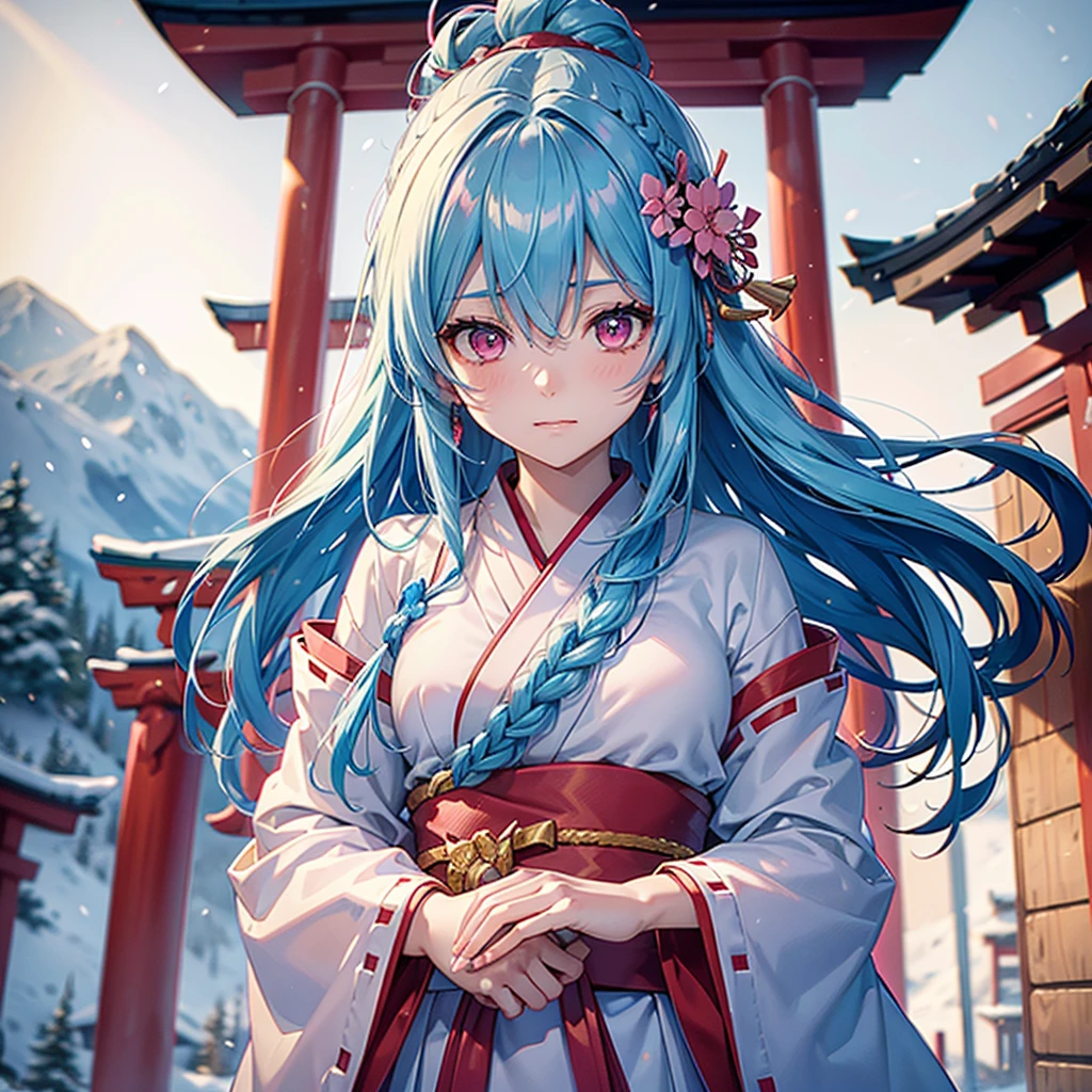 (Tying her sky blue hair into a single braid),(Pink Eyes),Fair skin,whole body,alone,Snowy Night,Drawing a fortune at a temple,torii,Shrine maiden、masterpiece, Highest quality, Very detailed, Best Shadow,Detailed Background,Beautifully detailed face,High Contrast,Best lighting, Very delicate and beautiful,Cinematic Light,Hyper Detail,8k,Dramatic Light,Exquisite detail,