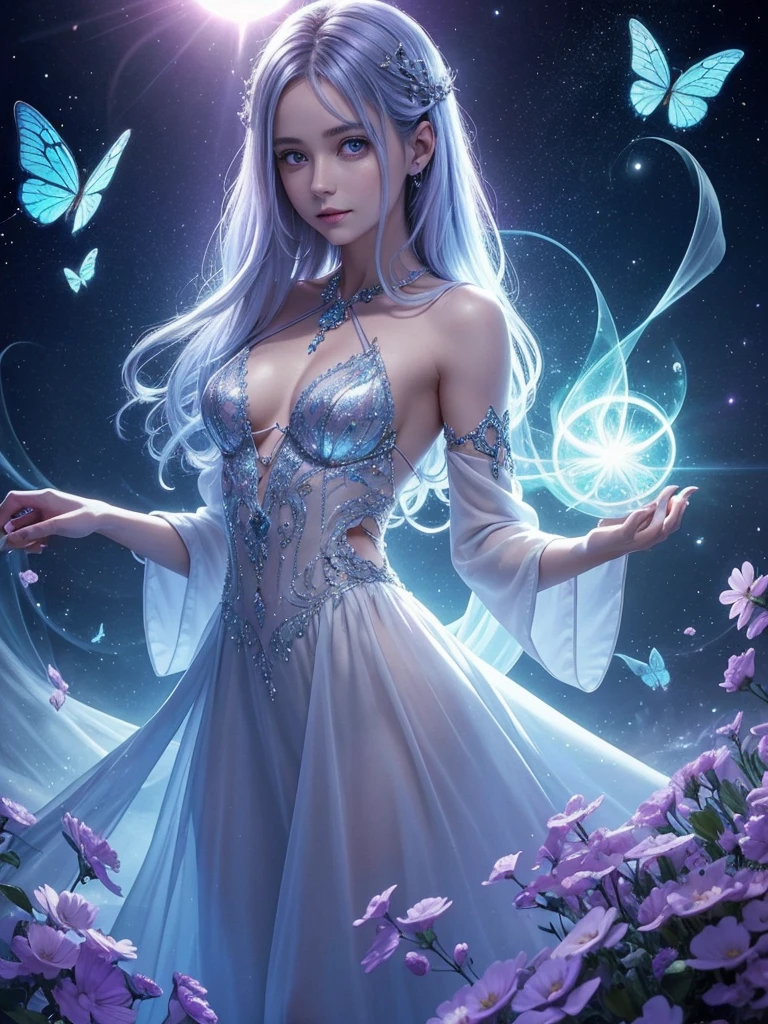 The image is intended to represent a profound and fascinating visualization of a soul
**backdrop:**
- A mystical, almost ethereal landscape, that represents a magical in-between world. Gentle colors like blue, Purple and silver to show this world, with light light reflections and twinkling stars.
**Central figure:**
- A female figure, that moves in this magical world. Her skin could be slightly translucent or shimmering to emphasize her otherworldly character. She wears tattoos, like old, mystical symbols look
**companion:**
- An elegant, mystical cat with glowing eyes, that sits next to her. The cat has a special charisma, as if he really sees and understands the soul. He radiates a gentle aura, that shows its magical connection to the soul.
**Magical creature:**
- A small, luminous being, that holds a clover in its hands. The clover radiates a warm, golden light from, symbolizes luck and protection for the soul. The creature is delicate and ethereal, with small wings and glitter, to emphasize her magic.
**Change:**
- Die weibliche Gestalt zeigt eine subtile Change in ihren Erscheinungsmerkmalen. there are slight differences in the color of her hair, to clarify, that she is constantly changing, depending on, what she experiences.
**Details:**
- To show the soul faded memories and glowing butterflies, um die Idee der ständigen Change und des Wandels zu zeigen.
**heaven and surroundings:**
- The sky in a mix of soft, hypnotic colors, Fog that complements the image and to enhance the mystical atmosphere.
This image should show the magic, the change and the deep connection between the soul, ihrem companion und dem kleinen magischen Wesen auf eindrucksvolle Weise darstellen.