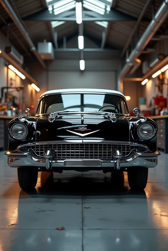A black classic car freshly polished inside an auto repair shop