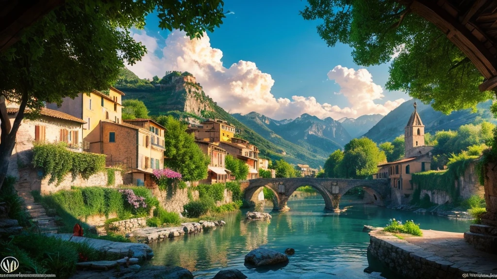 Ancient Italian Village, mystical nature, Rivers, Mountains and forests, waterfall, cloud, Photorealistic photos, It's not 8k. Aerial view.