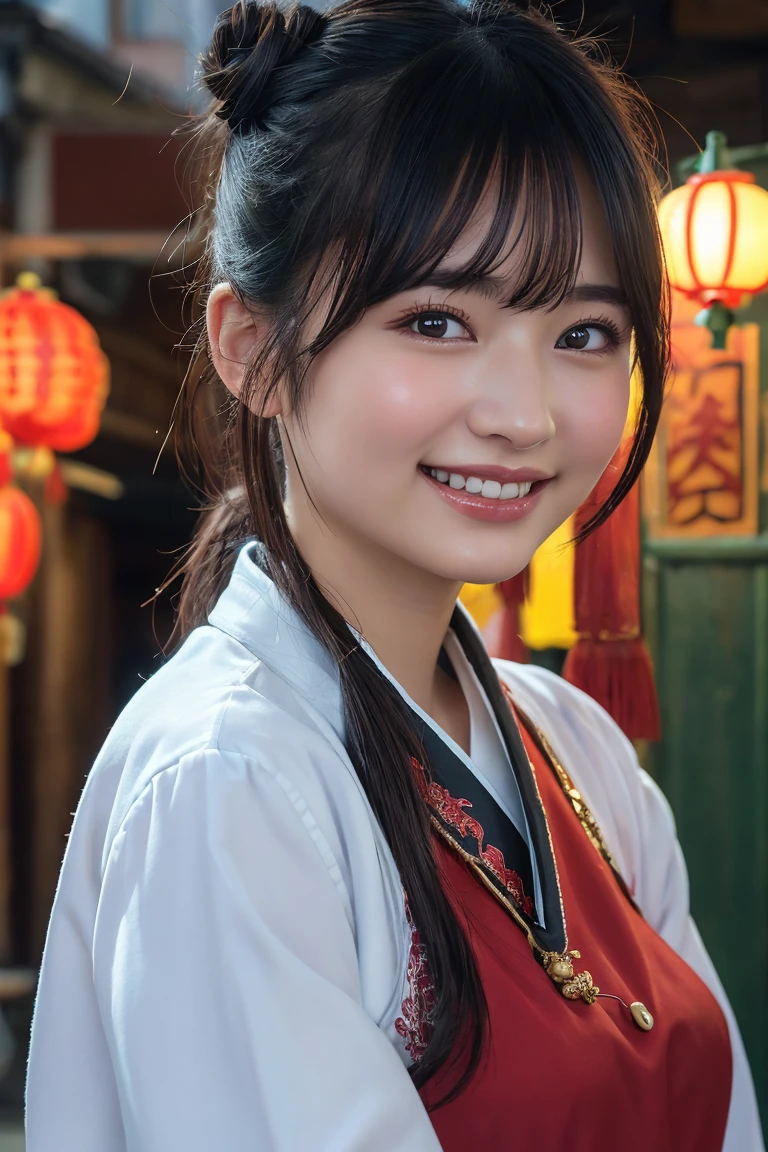 (8k, RAW Photos,Highest quality, High resolution:1.1), (Ultra-realistic:1.4),(Realistic, Realistic:1.3),The Beauty of Japan、((smile:1.3))、Yokohama(Chinatown:1.4)、China dress、Bun twin tail、Portrait