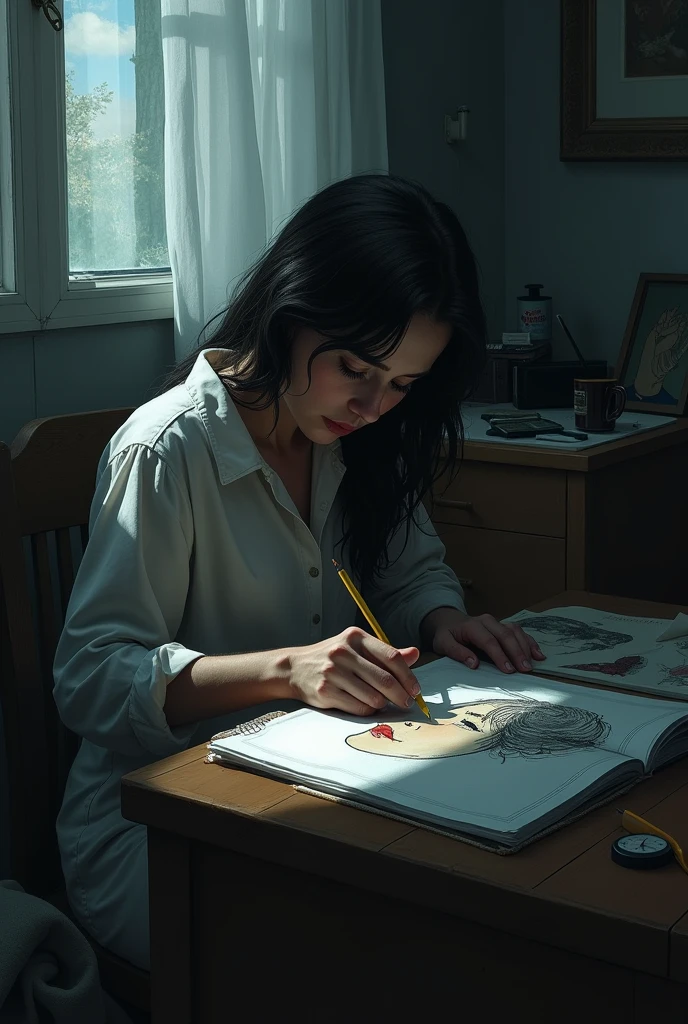 woman in her room sadly drawing the face of her beloved