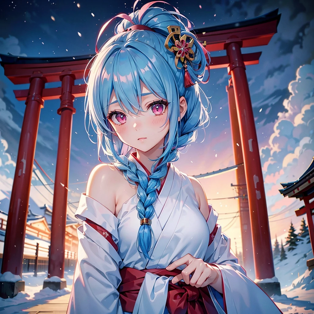 (Tying her sky blue hair into a single braid),(Pink Eyes),Fair skin,whole body,alone,Snowy Night,Drawing a fortune at a temple,torii,Shrine maiden、masterpiece, Highest quality, Very detailed, Best Shadow,Detailed Background,Beautifully detailed face,High Contrast,Best lighting, Very delicate and beautiful,Cinematic Light,Hyper Detail,8k,Dramatic Light,Exquisite detail,