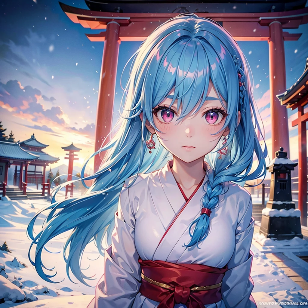 (Tying her sky blue hair into a single braid),(Pink Eyes),Fair skin,whole body,alone,Snowy Night,Drawing a fortune at a temple,torii,Shrine maiden、masterpiece, Highest quality, Very detailed, Best Shadow,Detailed Background,Beautifully detailed face,High Contrast,Best lighting, Very delicate and beautiful,Cinematic Light,Hyper Detail,8k,Dramatic Light,Exquisite detail,