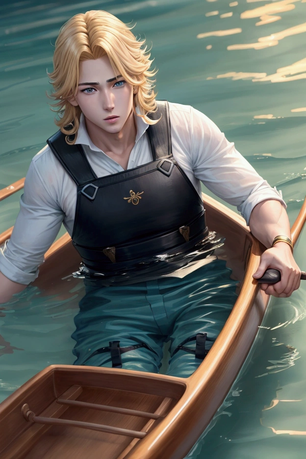 very realistic anime boy high definition a very handsome with golden hair with subtle waves blue eyes, He's very excited in his Kayak