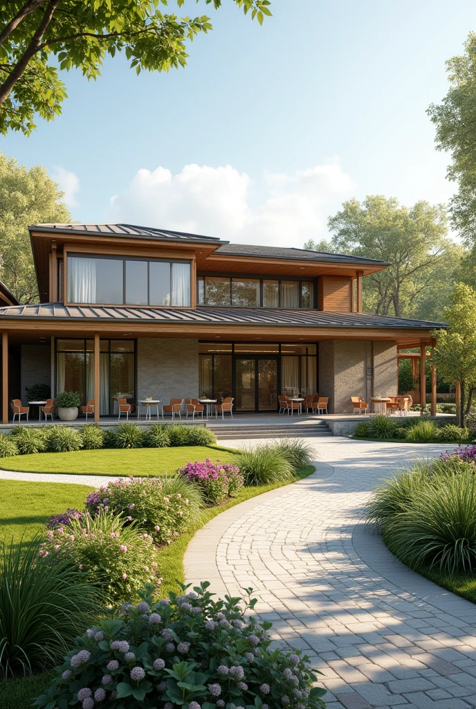 Create a one-story senior care center , with the exterior facade, with gardens, with a therapy center, playground
 
