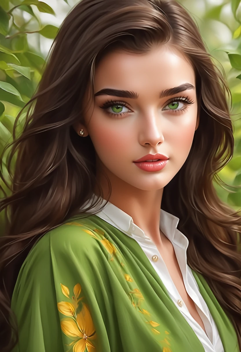 22-year-old girl, beautiful like Amy Jackson, very long brown hair, greeneyes, PAINTING A PICTURE