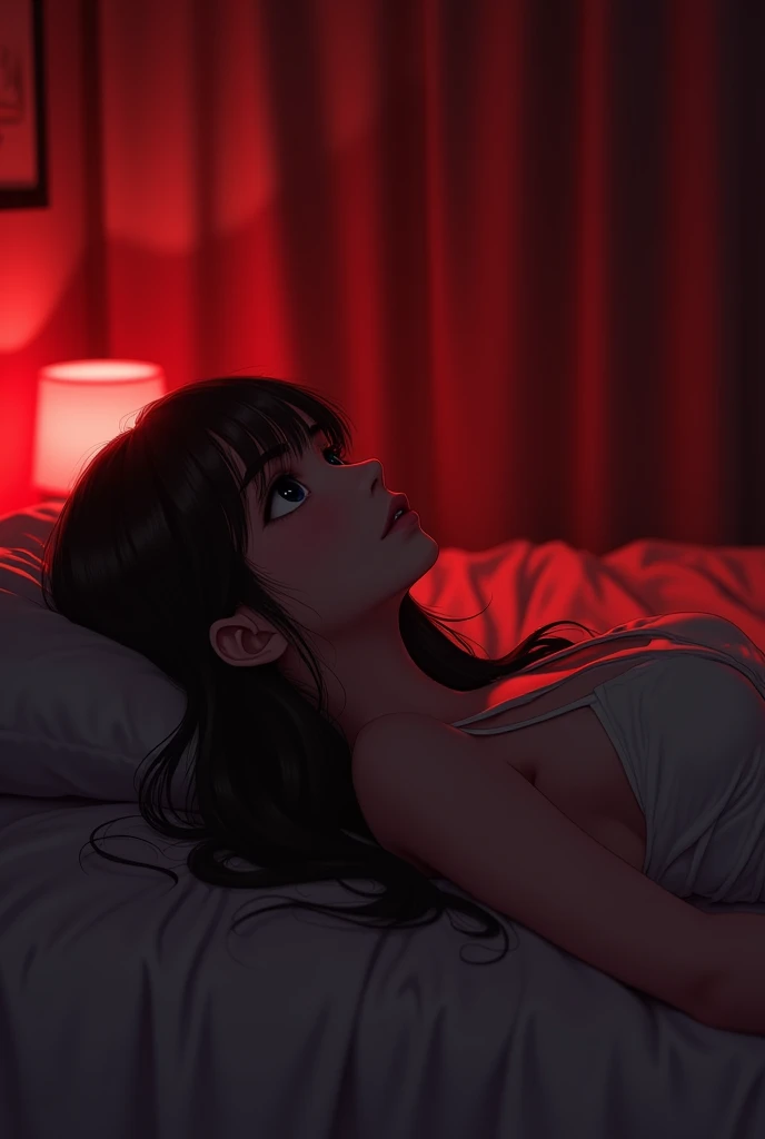Brunette girl with long straight brown hair, lying on her back on a bed looking up at the ceiling. Red lighting in the room.