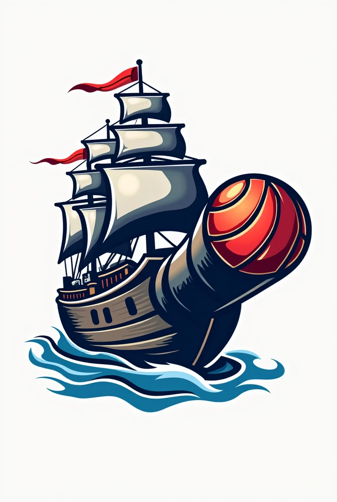 Create a logo for a team called Fragata Volleyball, with a ship firing a volleyball 