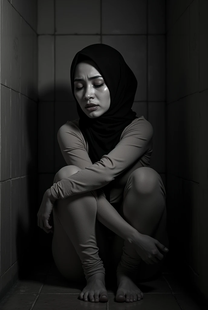 (Photography)(dynamic) Show a Malay female, in prison. Wearing hijab, nude color skintight inner and leggings. Fetal position. Crying.