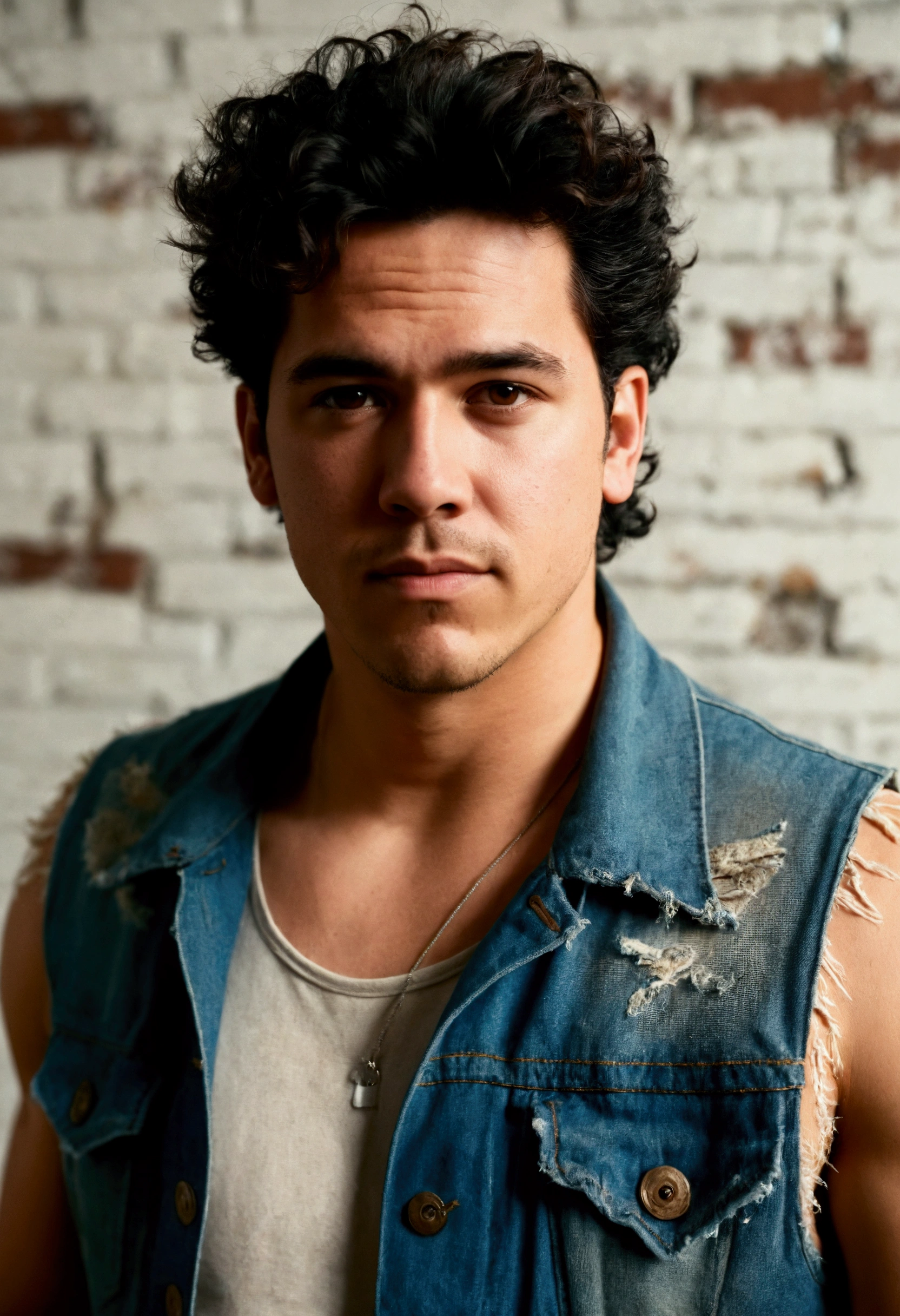 analog film photo, photo of a punk, 25 years old, male, brown eyes, short dark curls, tan complexion, soft facial features, medium height, broad shoulders, stocky physique, slightly chubby, lots of body hair, wearing a frayed denim vest and a tank top and ripped jeans, posing in an industrial loft, resembles Dean Cain, RAW Photograph, dslr, soft lighting, high quality, film grain, Fujifilm XT3, detailed skin with visible pores, insane details, masterpiece, 8k, 35mm photograph, dslr, kodachrome, faded film, desaturated, grainy, vintage, Lomography, stained, highly detailed, found footage, full-body shot
