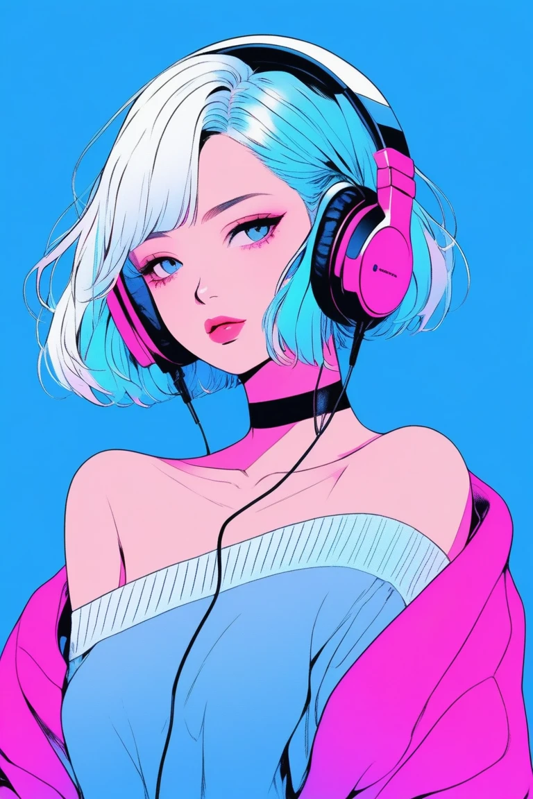 Illustrator, anime , Realistic ,sketch , 1 person, ,lip, Off-the-shoulder sweater, (((whole body))), order, Blue gradient background, Neon Short Hair,Wear headphones, Texture Trim, Canadian, (masterpiece,Highest quality) cancer