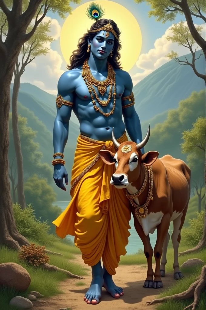God krishna with cow and his friend