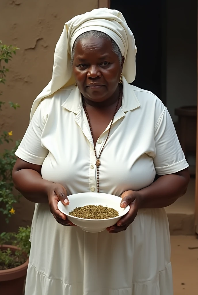 an elderly, a corpulent black woman wearing a white blouse and skirt, with a white cloth on their head and a rosary. holding a white porcelain basin full of crushed herbs, in a humble clay backyard. 