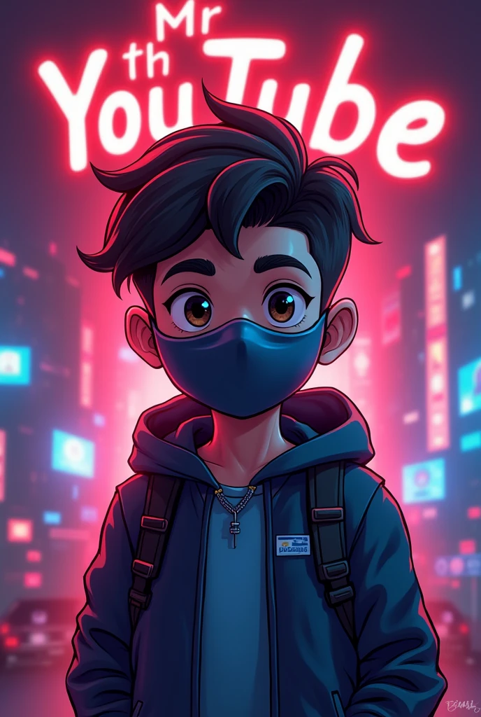 Create a a digital illustration in logo image featuring a boy wearing a face mask, standing in front of a glowing background. In the background, prominently display the text "Mr YouTube" in a bold, glowing font. The overall design should be eye-catching and visually striking, with the glowing text adding a dynamic and engaging effect.