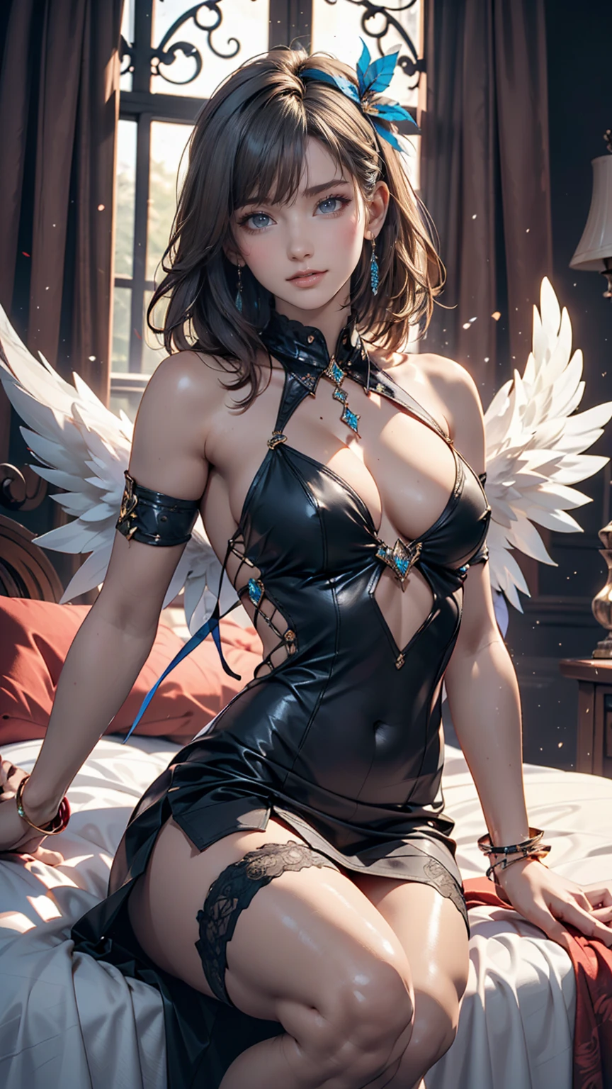 change, Leprechaun, Gray Hair: length, blue eyes, Small breasts, Best, garter, hair accessory, Captivating smile, sight, Tilt your head, Behind the arm, (slim), (Thin legs: Leg spread), Attention to detail, Highest quality, masterpiece, Detailed ice, Cumulonimbus, Beautiful details shine, ice crystal texture wings、Silver accessories on the wrist