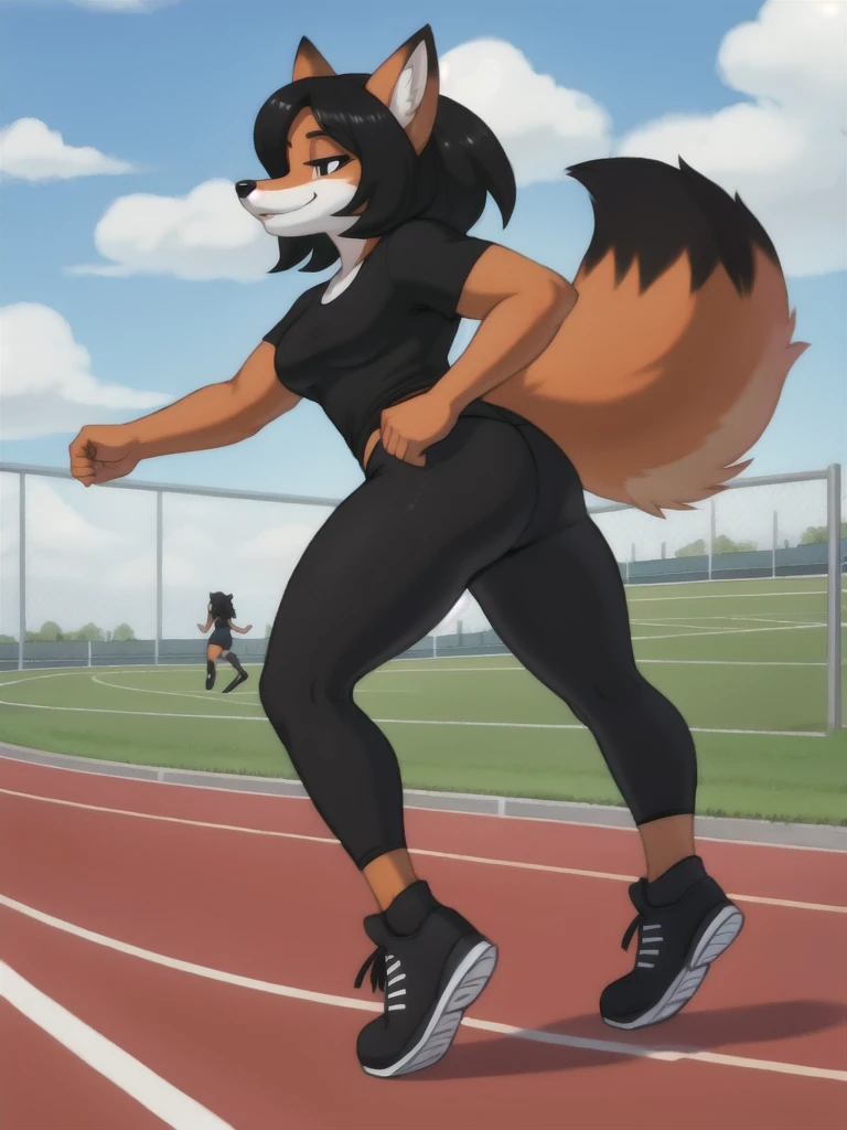 Furry, fox, female, black shirt, black leggings, shoes, running track, friends, full body