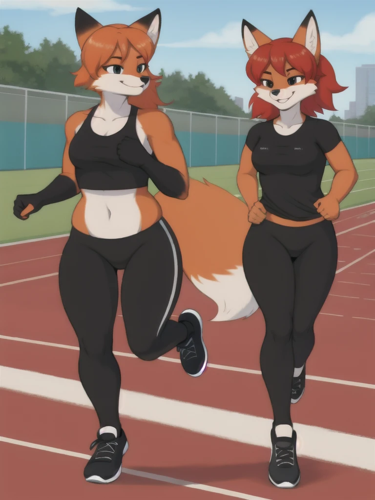 Furry, fox, female, black shirt, black leggings, shoes, running track, friends, full body