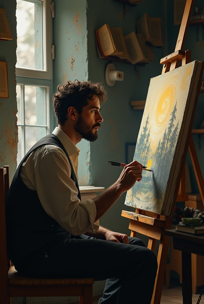 man painting feelings with several open books hanging on the walls