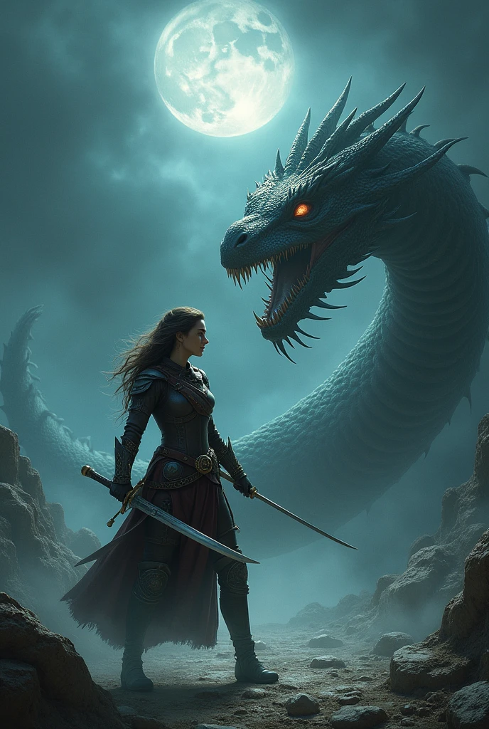 A female adventurer from a world of magical fantasy fighting a giant serpent monster in the middle of the night