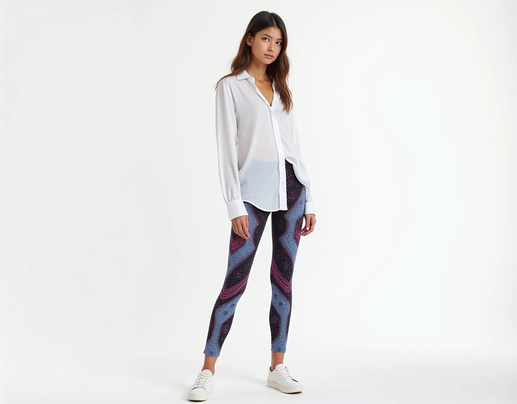 full body skinny young woman in a extra large white shirt and full color patterned leggings by jimmy turrel, black, blue, pink, white patterns. white background:0.5, studio photo-shoot, inspired by Bourgeois, jimmy turrel, unreleased, syd, urban