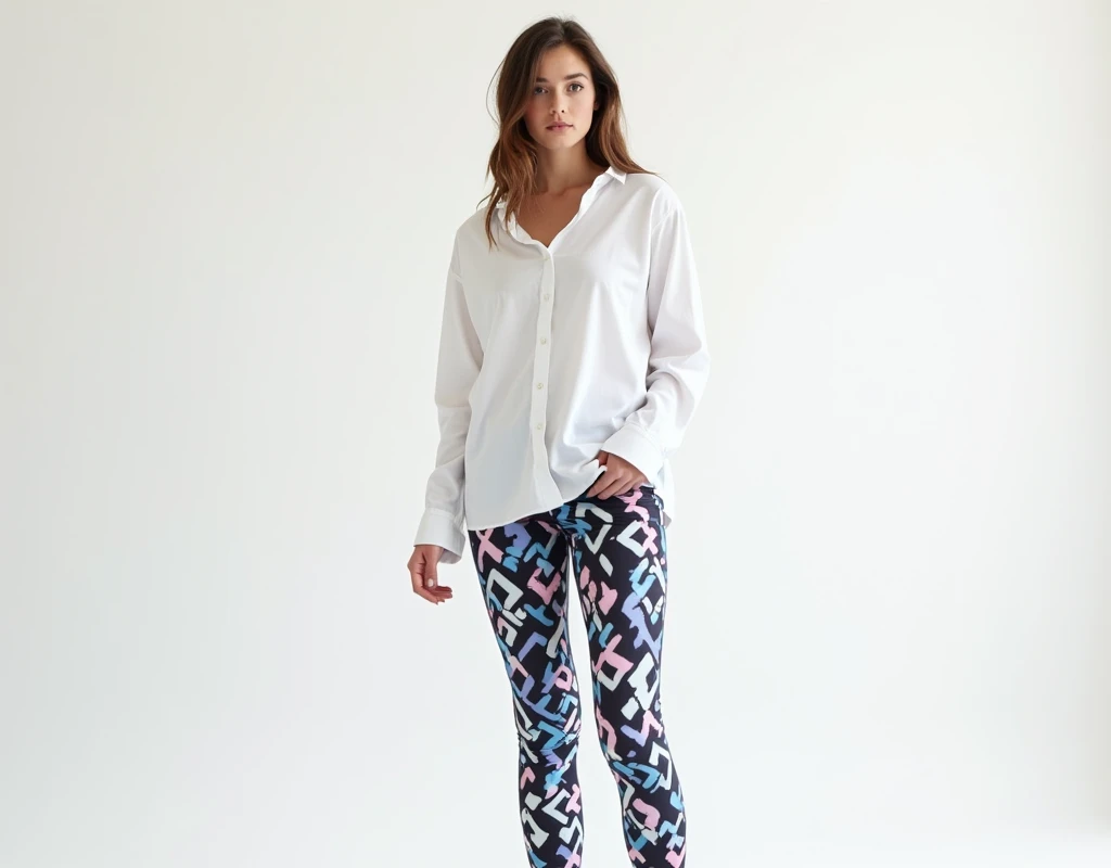 full body skinny young woman in a extra large white shirt and full color patterned leggings by jimmy turrel, black, blue, pink, white patterns. white background:0.5, studio photo-shoot, inspired by Bourgeois, jimmy turrel, unreleased, syd, urban