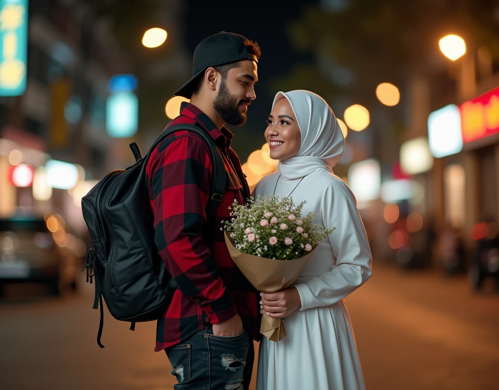 Hyper realistic, a 28 year old Indonesia man sitting on the park, ideal body, look straight ahead, wearing dark red flannel shirt and dark ripped jeans pants and black hiking hi-shoes with black backward trucker hat, wear dark leather backpack, wear headphone, masculine photoshoot pose, arrogant man expression, together with his beautiful girlfriend wearing white hijab and white long dress and holding a flowers, happy, romantic, Bandung night town as background. Use soft photography lighting. top lighting. top lighting, slide lighting, high quality photos, UHD, 64k. shot with Canon EOS 5D Mark IV, cinematic portrait, Realistic face, not changing face, no mustache, Real photo, unchanging face, background change. Real Picture 8k ultra, man, gamer, hyper detailed, sharp focus, studio photo, intricate details, highly detailed, photo real, bright colors, digital graphics, unreal engine, blender art, perfect composition, octane rendering, masterpiece, sharp focus, high detail, art station, concept art, perfect composition, a model of ultra-high quality and clarity, perfect play of light and shadow, 32k UHD, hyper-detailing, complex artistic masterpiece, ((best quality)), ((masterpiece)), (detailed), perfect face