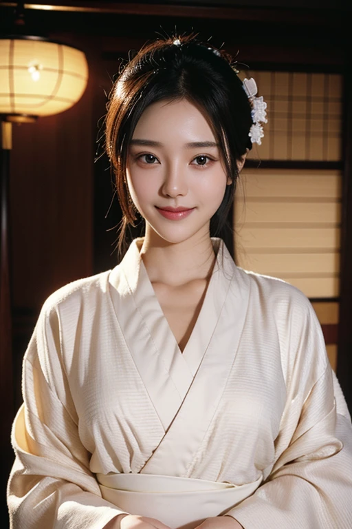 chest, solo, smile, Black Hair, Two Side Up, High-resolution model, High detail, high quality, Textured skin, Bright Eyes, A seductive smile, Japanese-style room,Kimono Pose,White-based kimono,seiza,Shoji screen,Cinematic light effects, reflected light, Lens flare, 