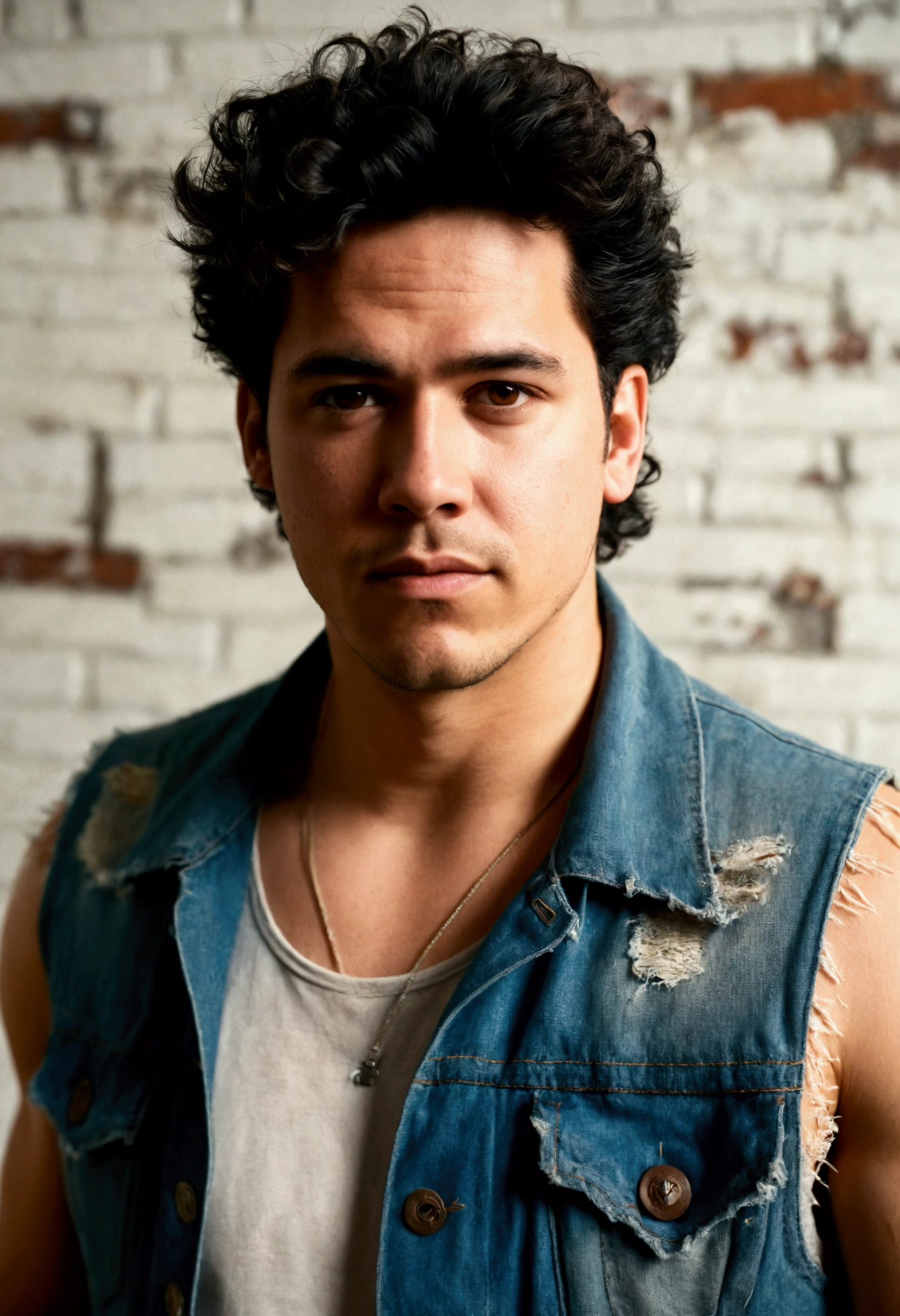 analog film photo, photo of a punk, 25 years old, male, brown eyes, short dark curls, tan complexion, soft facial features, medium height, broad shoulders, stocky physique, slightly chubby, lots of body hair, wearing a frayed denim vest and a tank top and ripped jeans, posing in an industrial loft, resembles Dean Cain, RAW Photograph, dslr, soft lighting, high quality, film grain, Fujifilm XT3, detailed skin with visible pores, insane details, masterpiece, 8k, 35mm photograph, dslr, kodachrome, faded film, desaturated, grainy, vintage, Lomography, stained, highly detailed, found footage, full-body shot